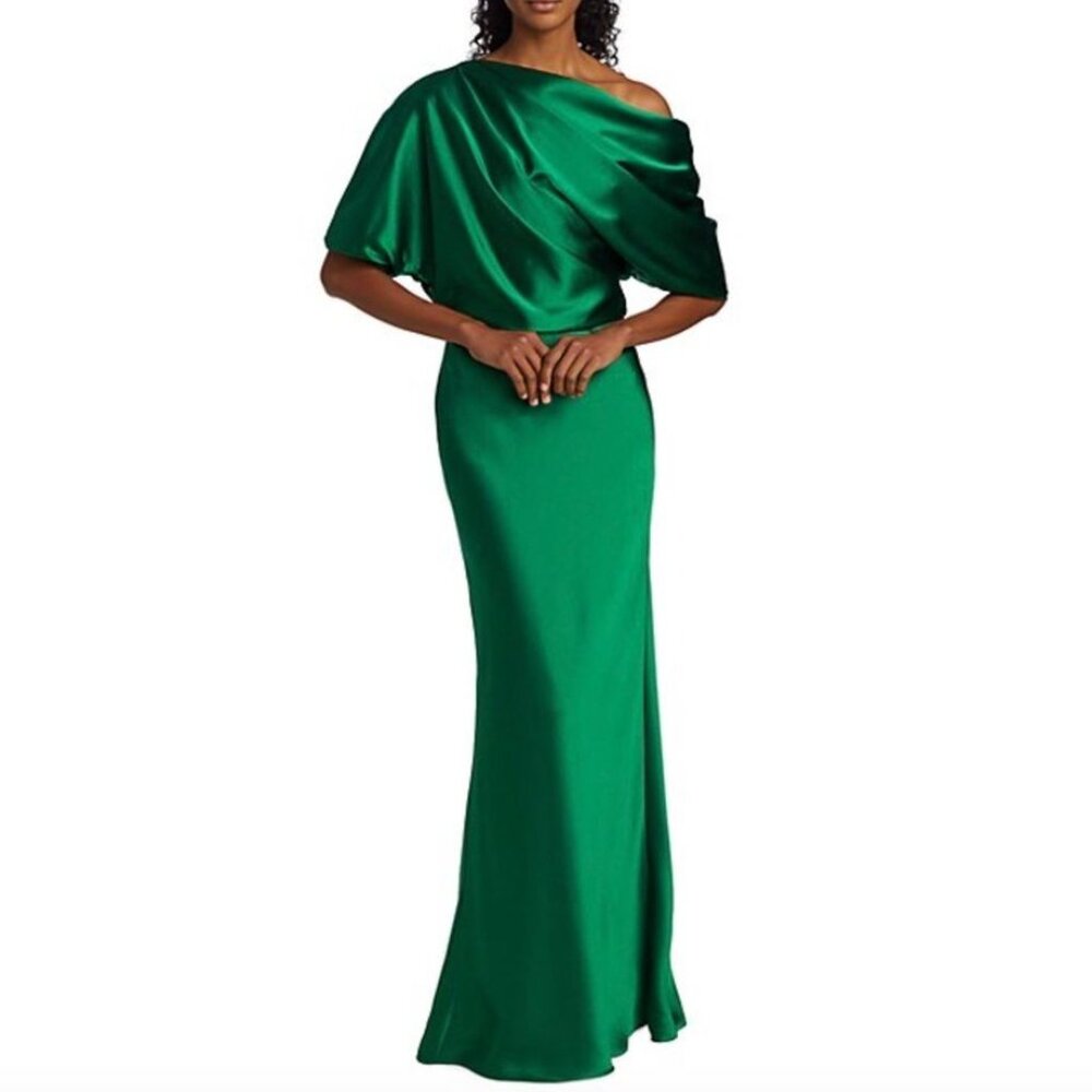 Amsale Emerald Satin One-Shoulder Evening Gown
